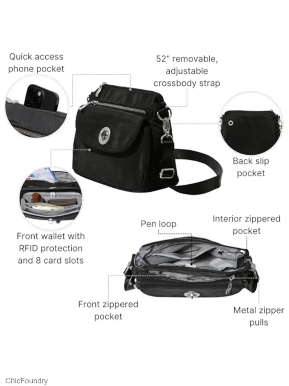 Lightweight Water-Resistant Crossbody Bag with RFID, Adjustable Strap